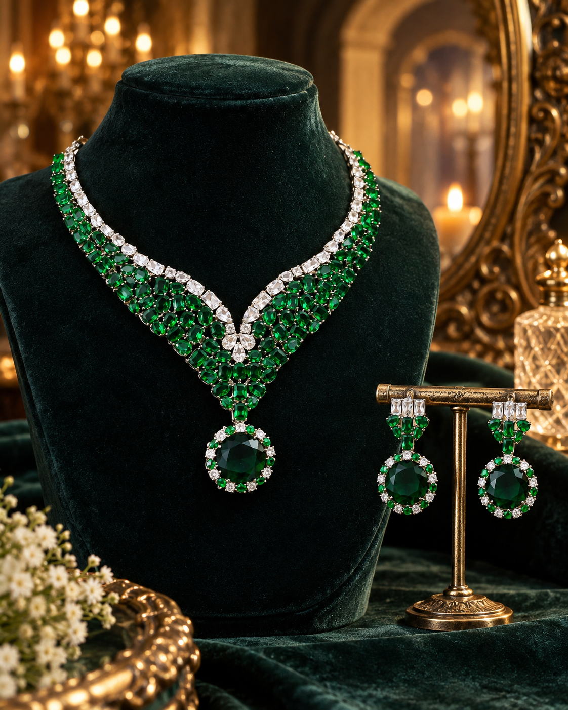 Emerald Radiance American Diamond Statement Necklace Set