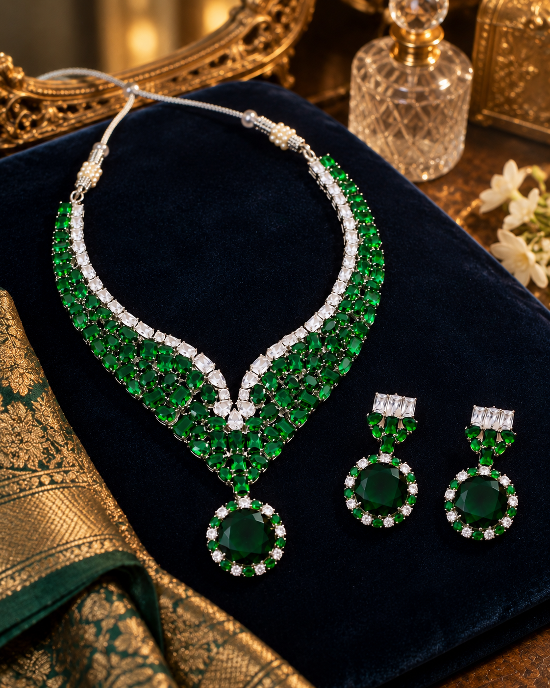 Emerald Radiance American Diamond Statement Necklace Set