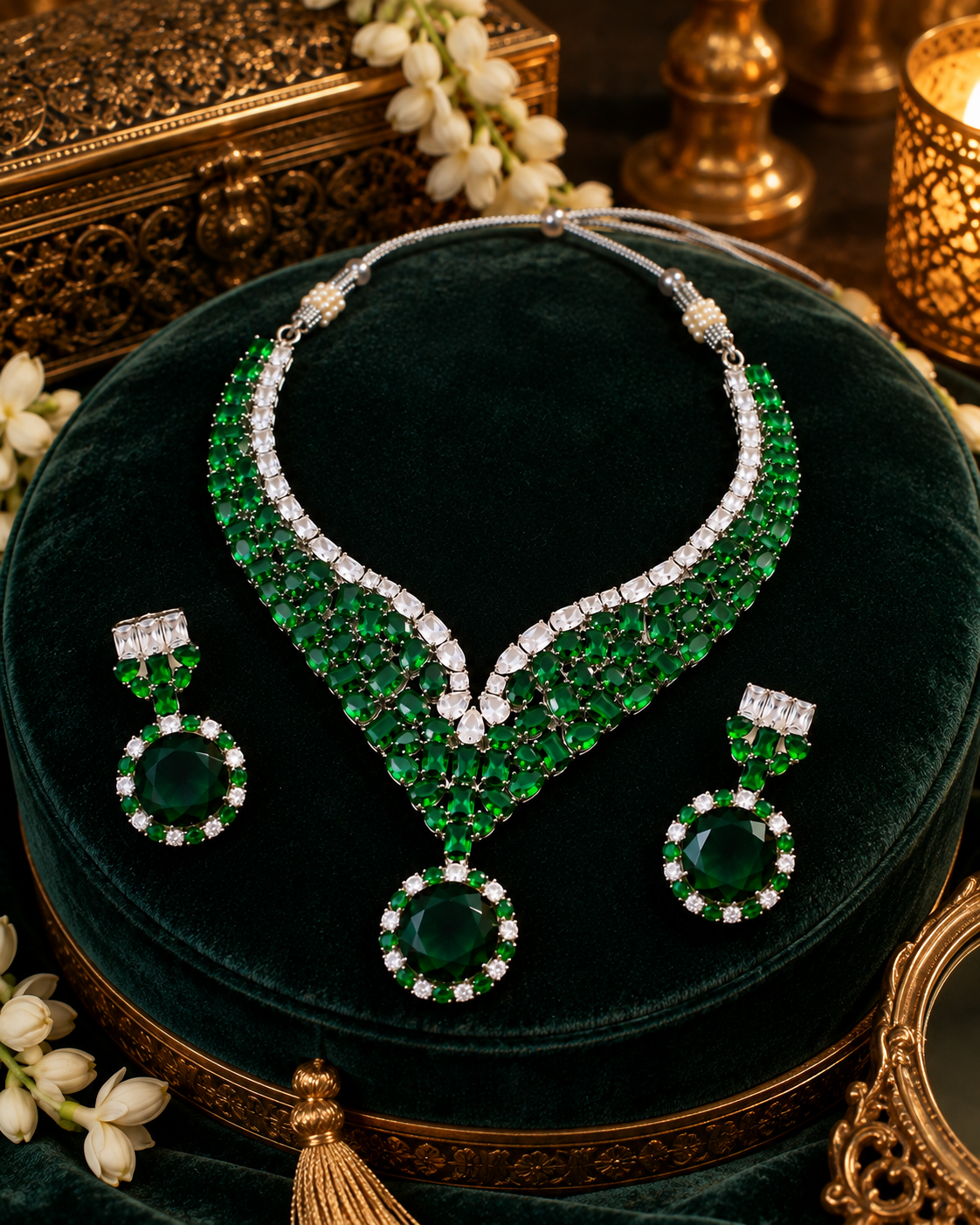 Emerald Radiance American Diamond Statement Necklace Set