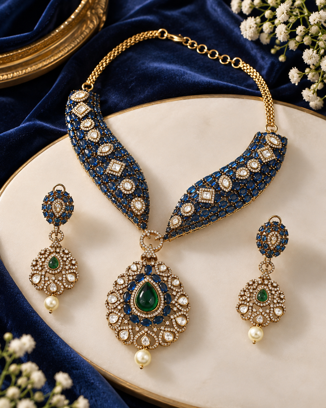 Sapphire Emerald Heritage Gold-Plated American Diamond Necklace Set