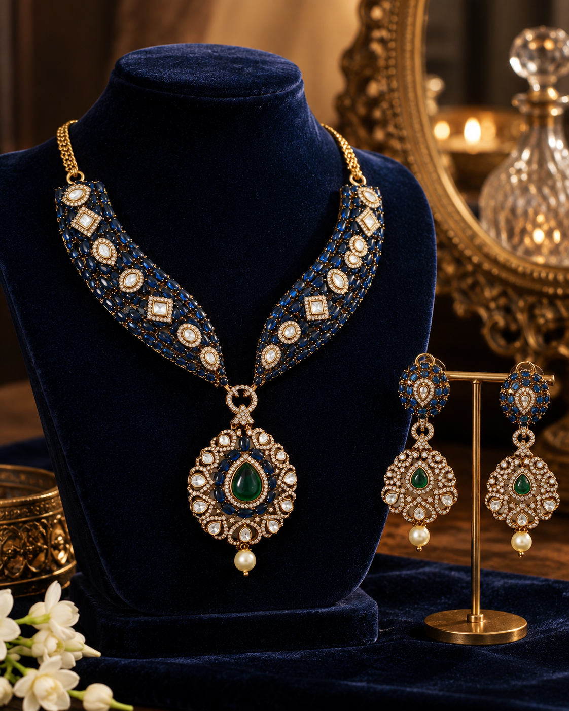 Sapphire Emerald Heritage Gold-Plated American Diamond Necklace Set