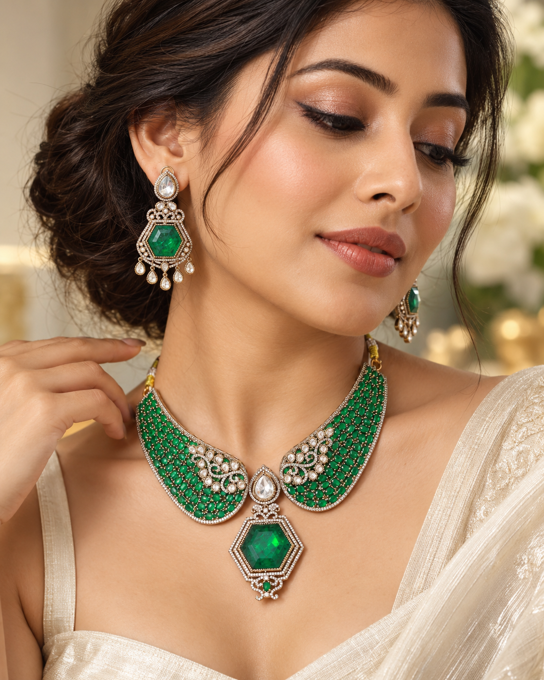 Emerald Geometric Gold-Plated American Diamond Necklace Set