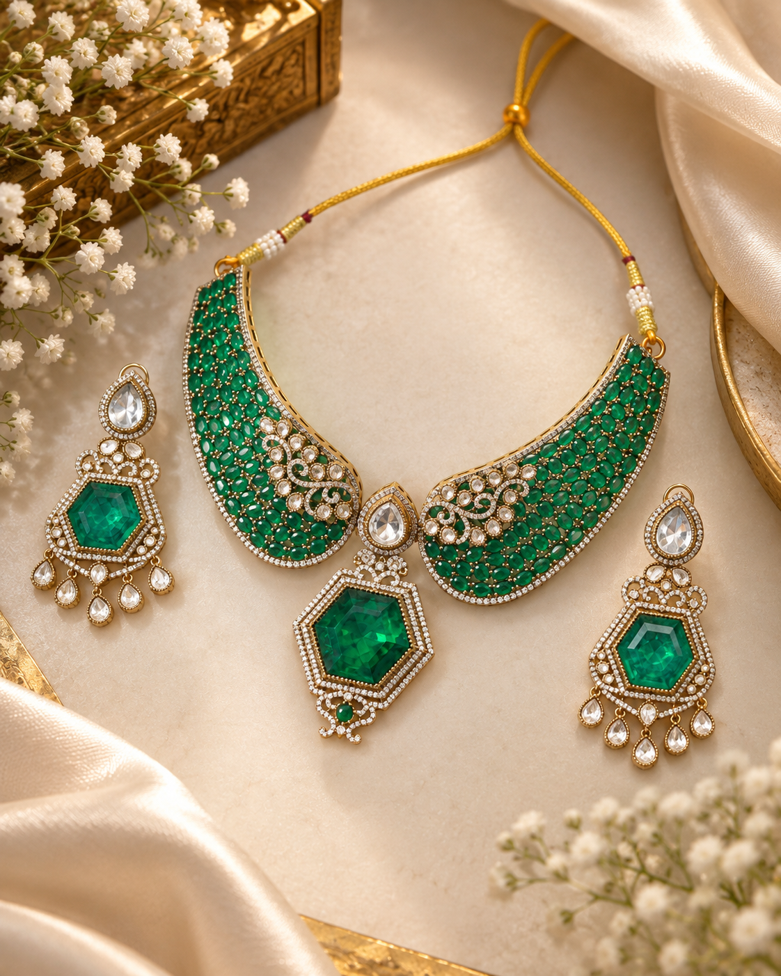 Emerald Geometric Gold-Plated American Diamond Necklace Set