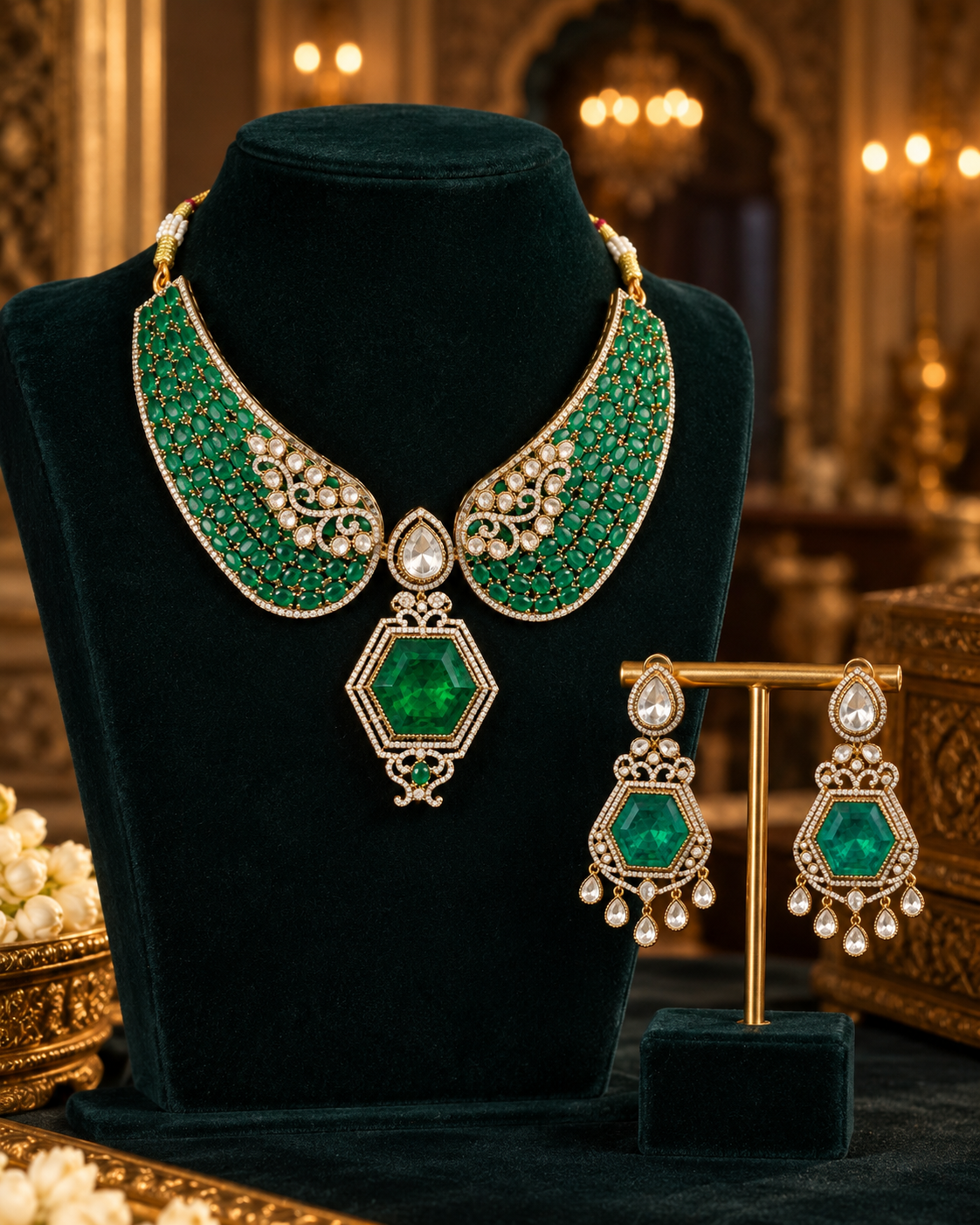 Emerald Geometric Gold-Plated American Diamond Necklace Set