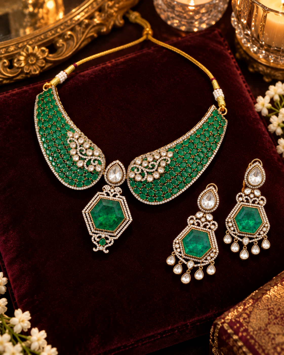 Emerald Geometric Gold-Plated American Diamond Necklace Set