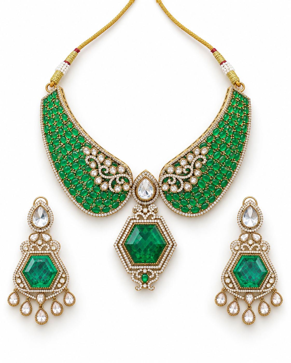 Emerald Geometric Gold-Plated American Diamond Necklace Set
