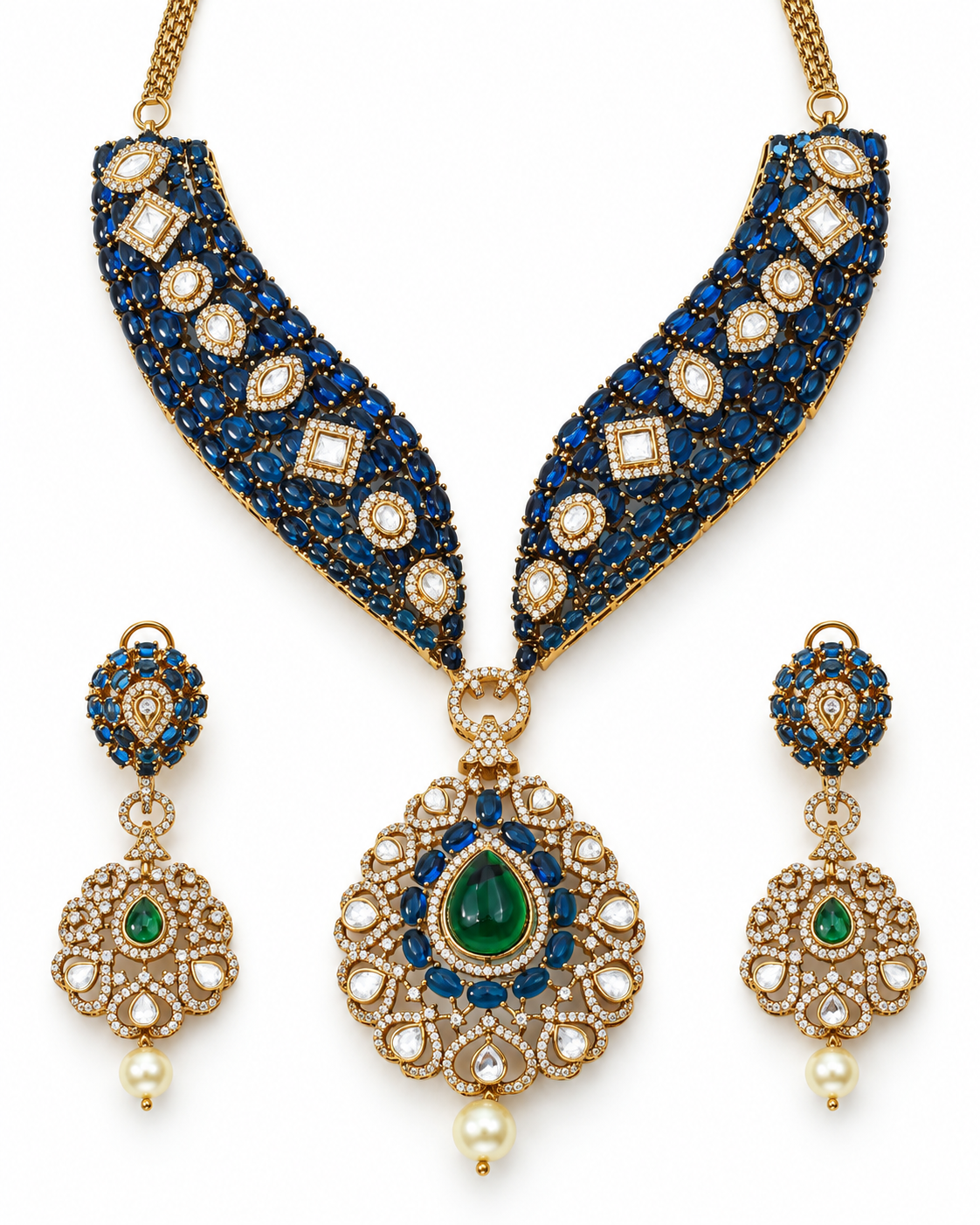 Sapphire Emerald Heritage Gold-Plated American Diamond Necklace Set