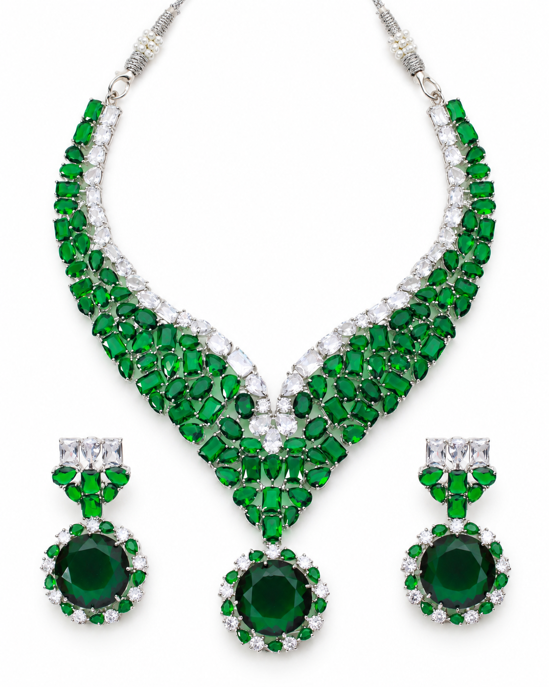 Emerald Radiance American Diamond Statement Necklace Set
