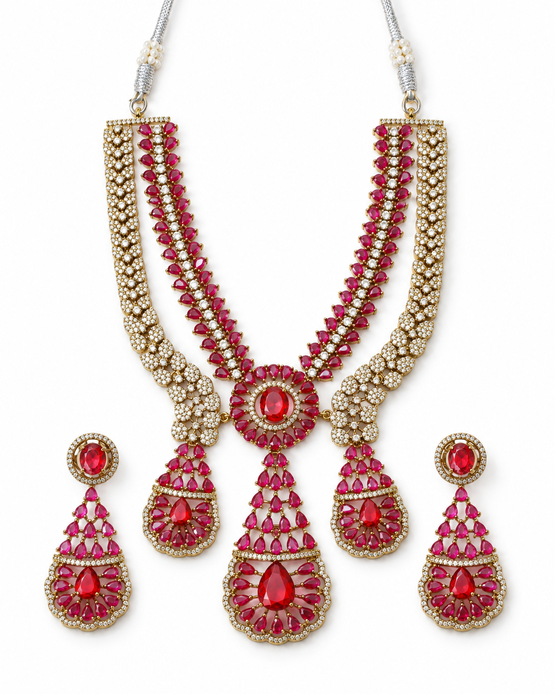 Ruby Royale Layered Gold-Plated American Diamond Necklace Set
