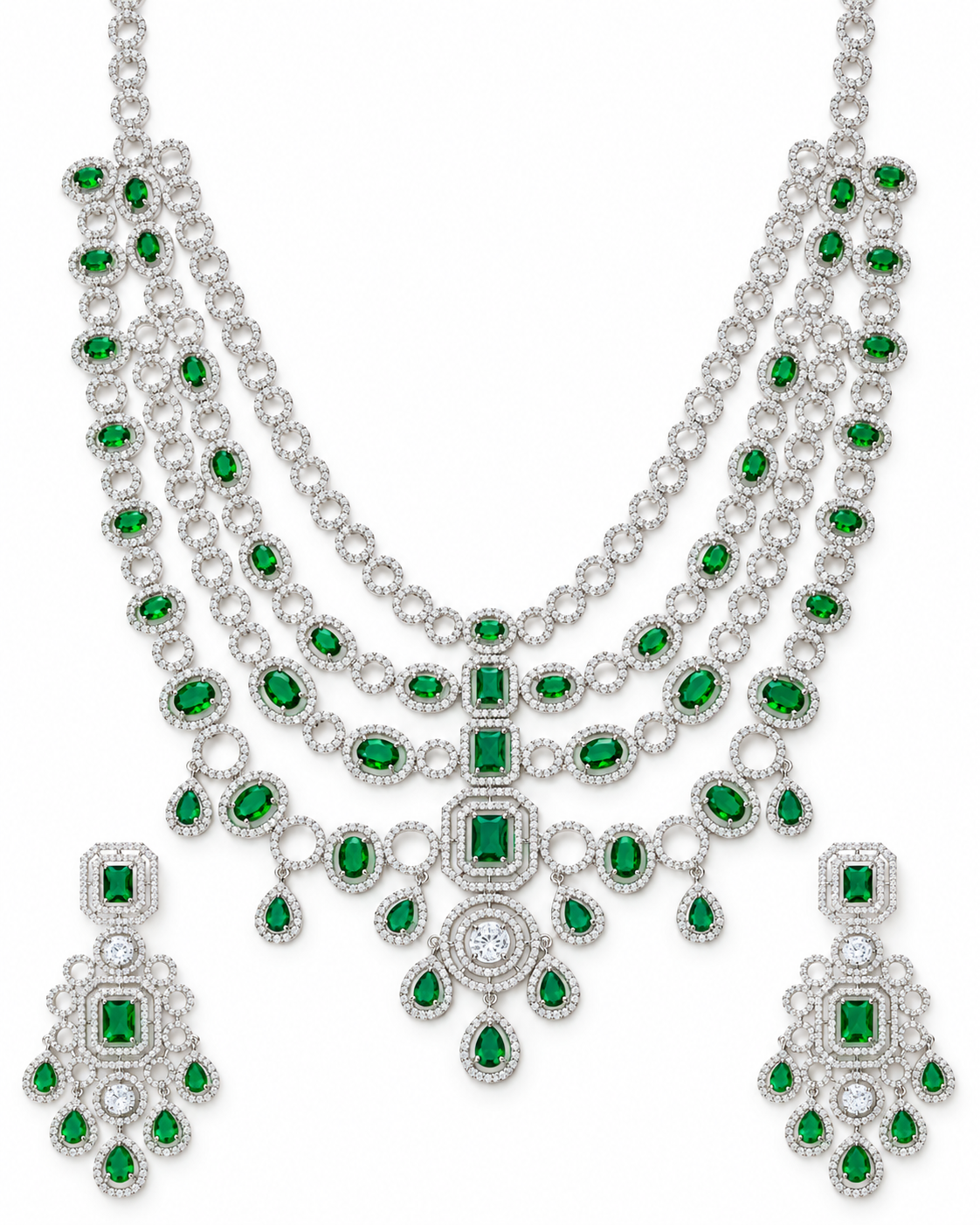 Emerald Layered American Diamond Chandelier Necklace Set