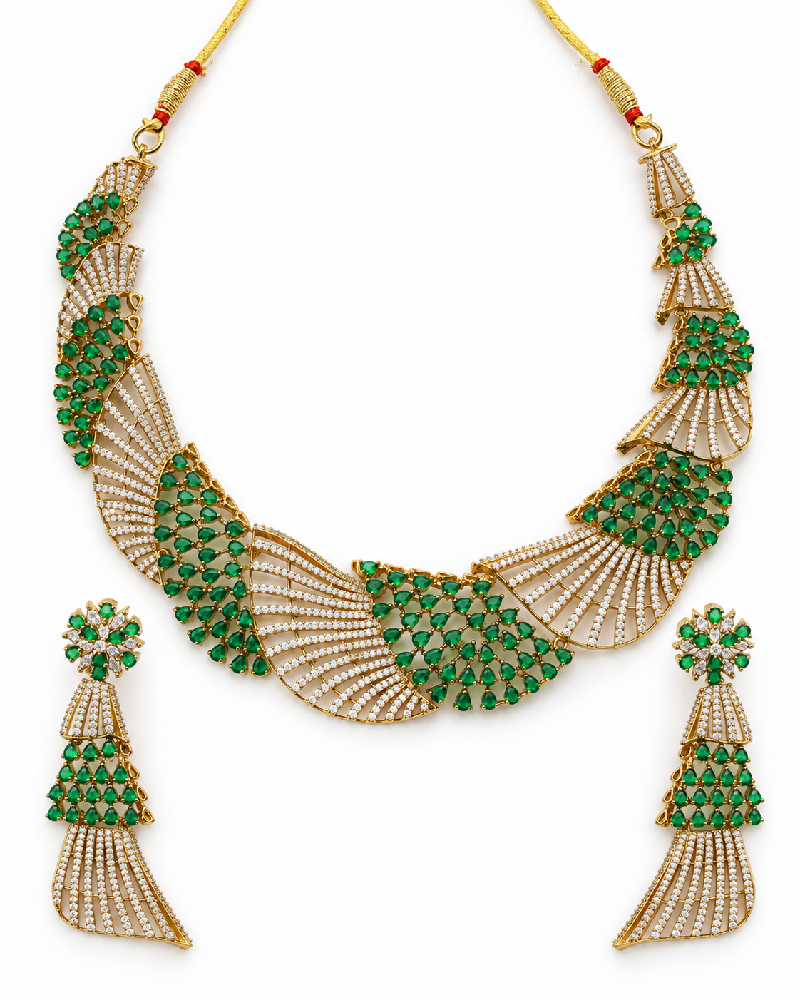 Emerald Fanwork Gold-Plated American Diamond Necklace Set