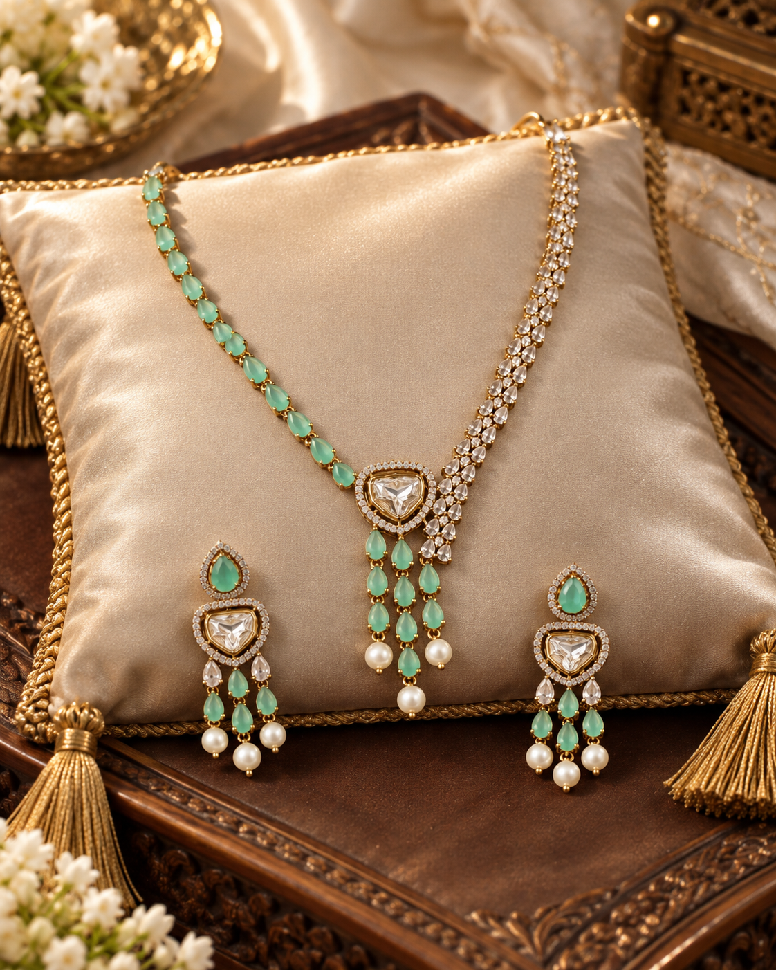 Mint Kundan Tassel Necklace Set