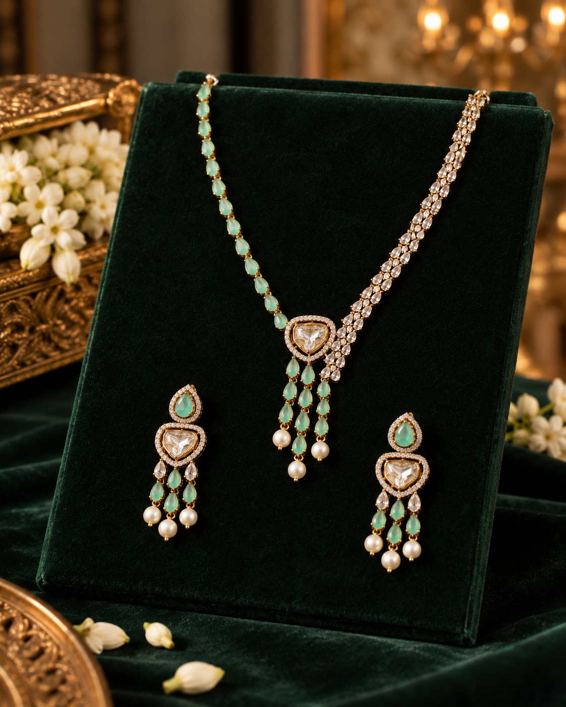 Mint Kundan Tassel Necklace Set