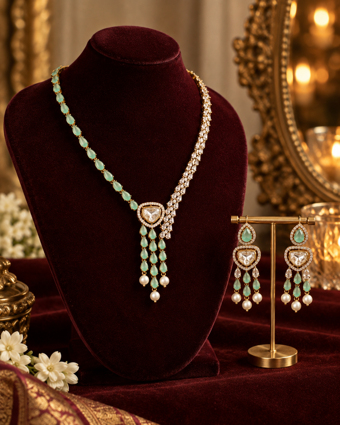 Mint Kundan Tassel Necklace Set