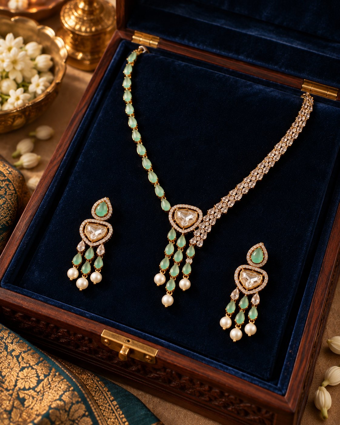 Mint Kundan Tassel Necklace Set