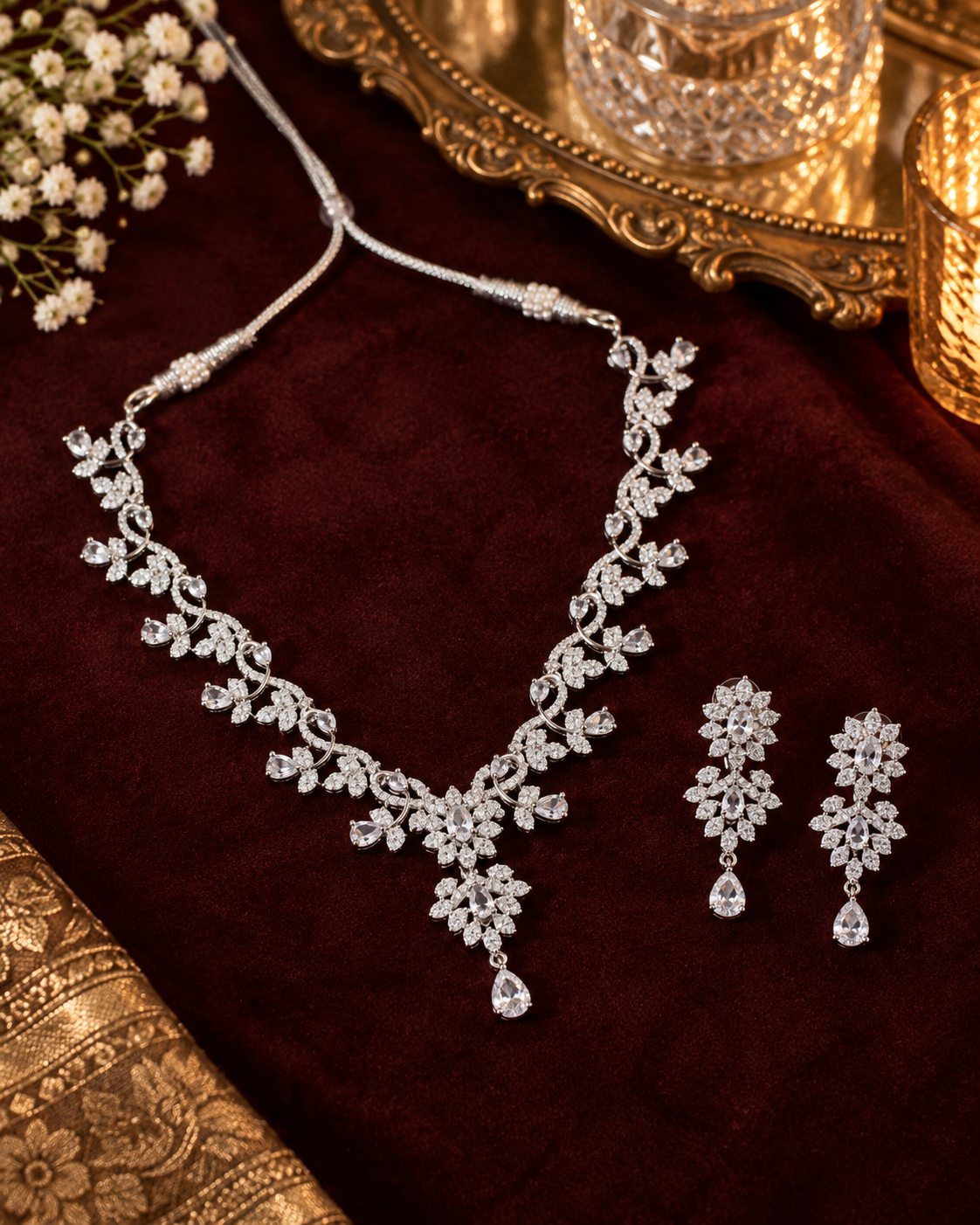 Clear Floral Snowflake Necklace Set