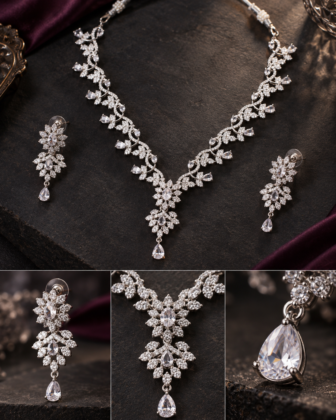 Clear Floral Snowflake Necklace Set