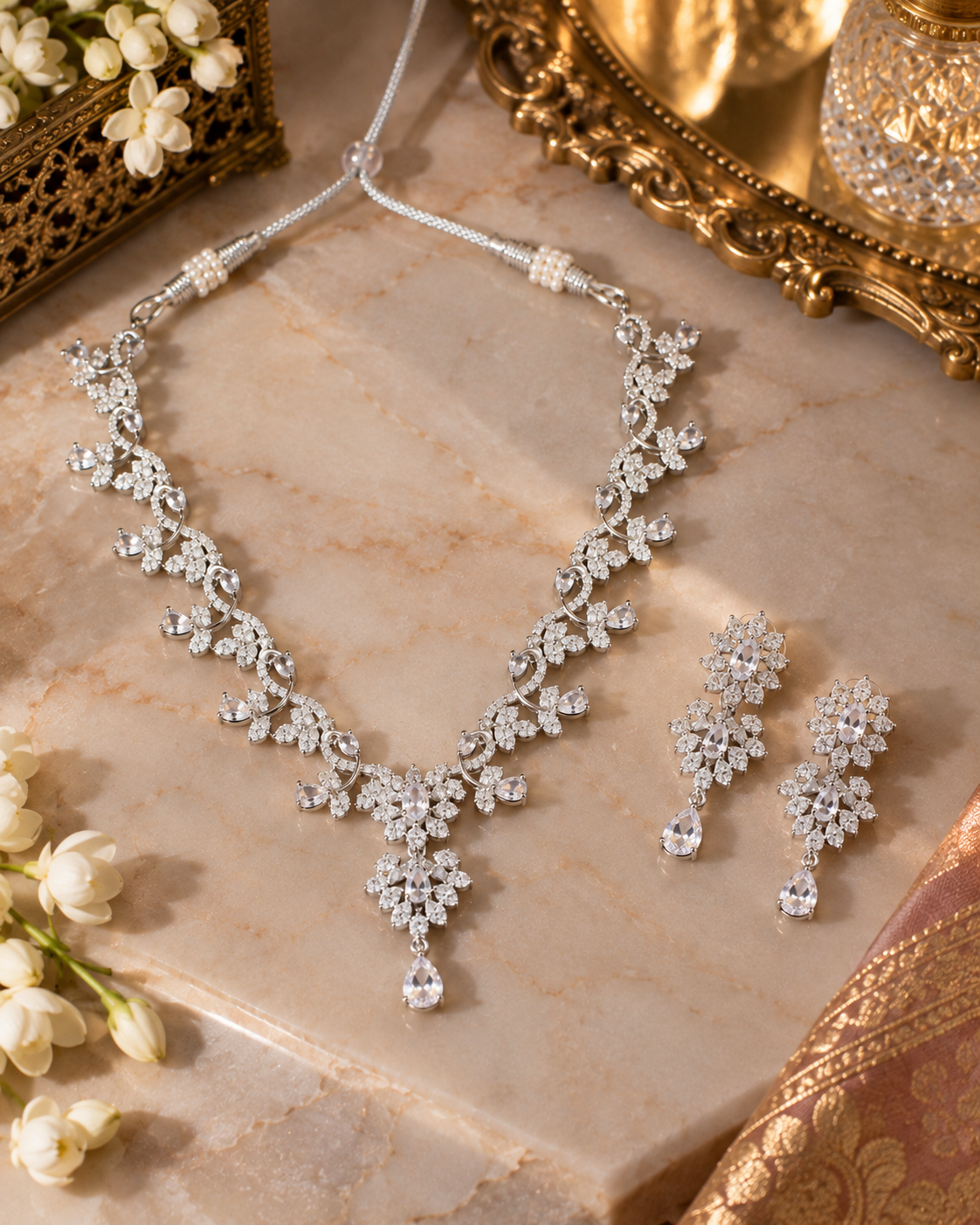 Clear Floral Snowflake Necklace Set