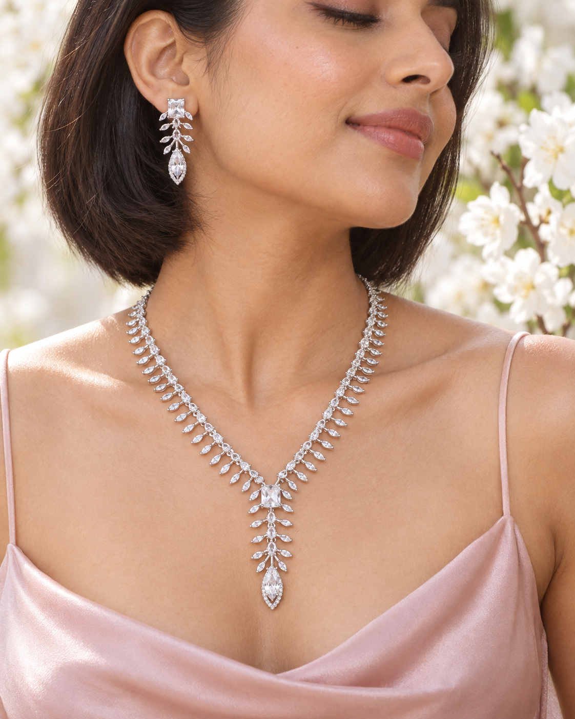 Clear Leaf Cascade Necklace Set
