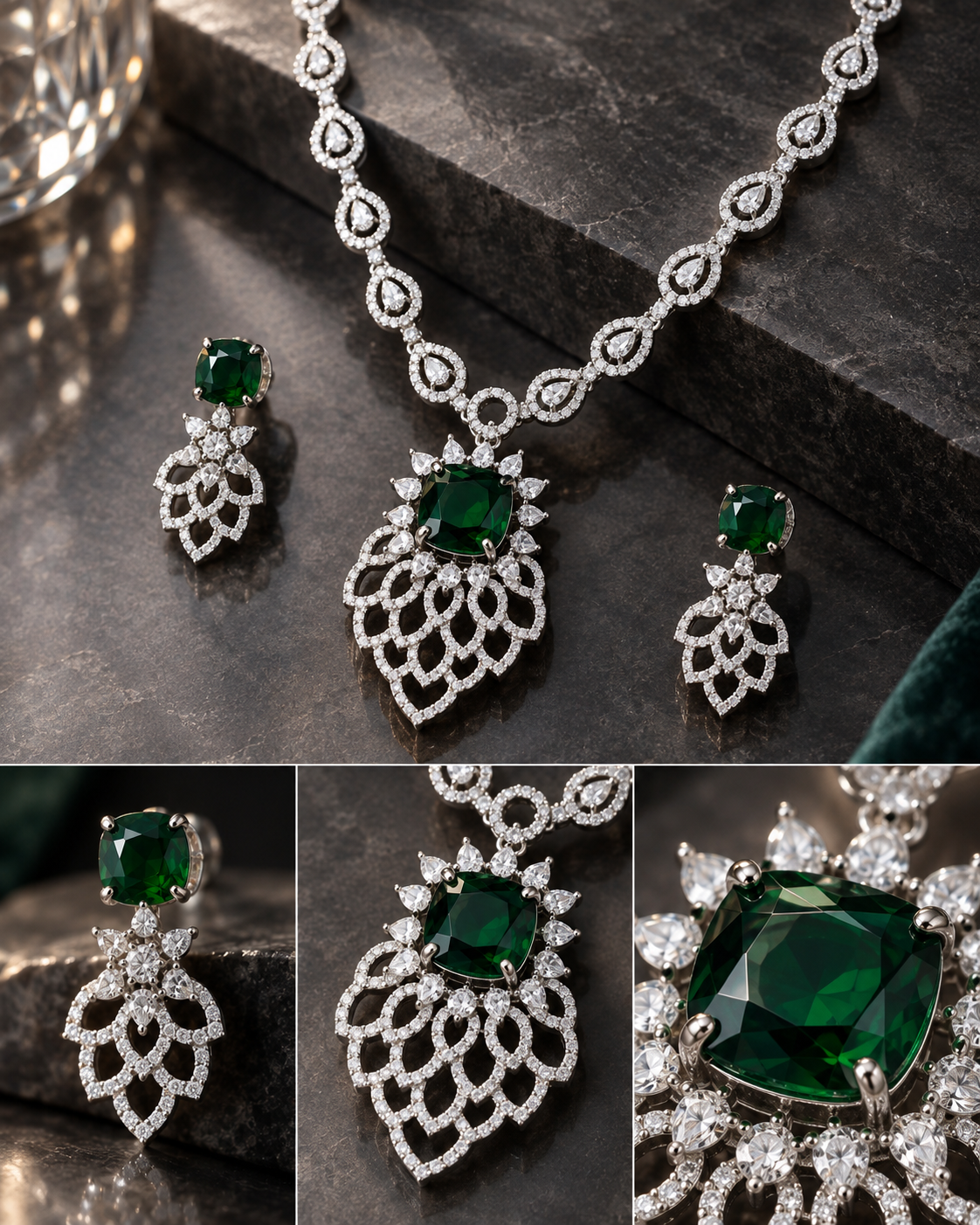 Emerald Lotus Halo Necklace Set