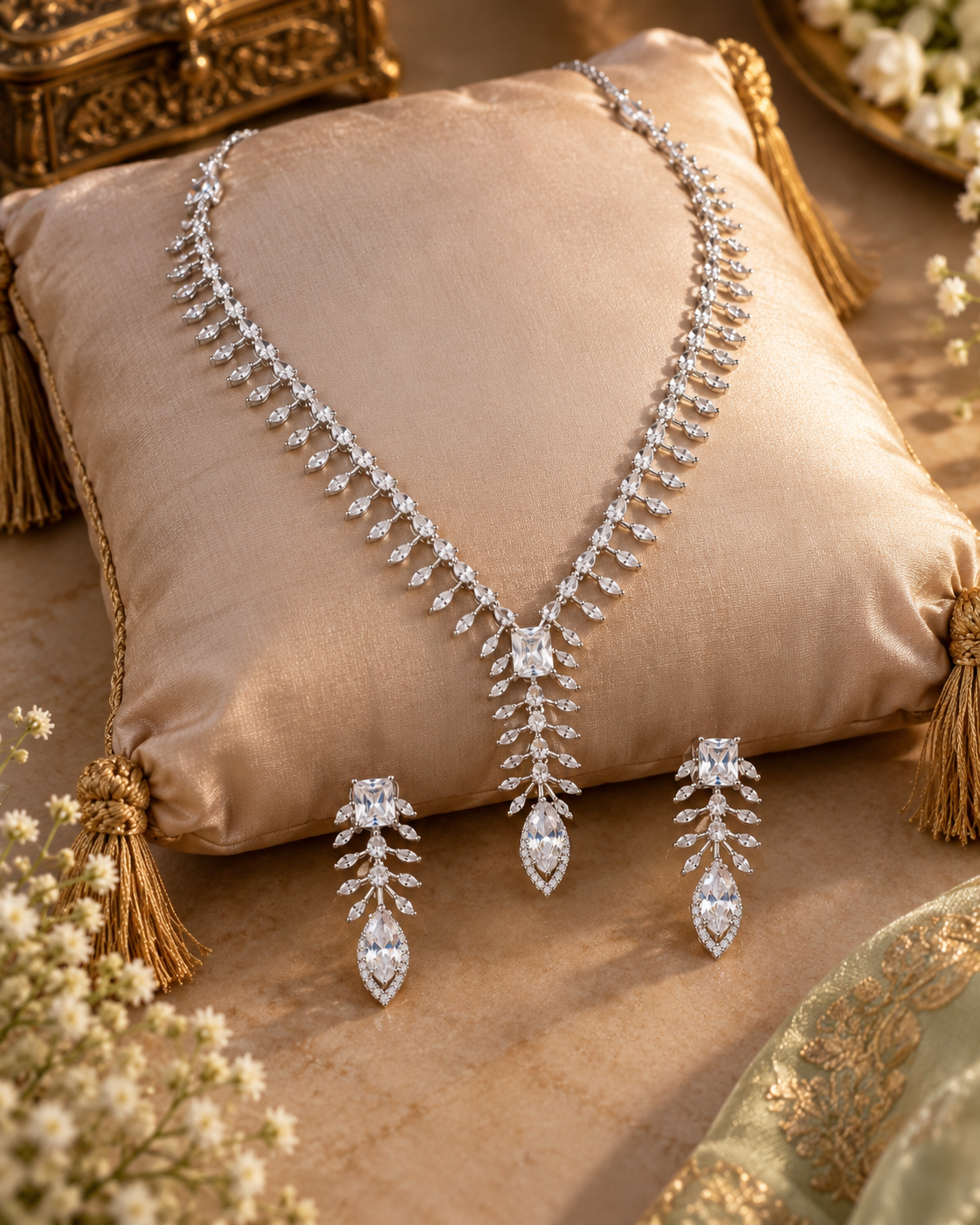 Clear Leaf Cascade Necklace Set