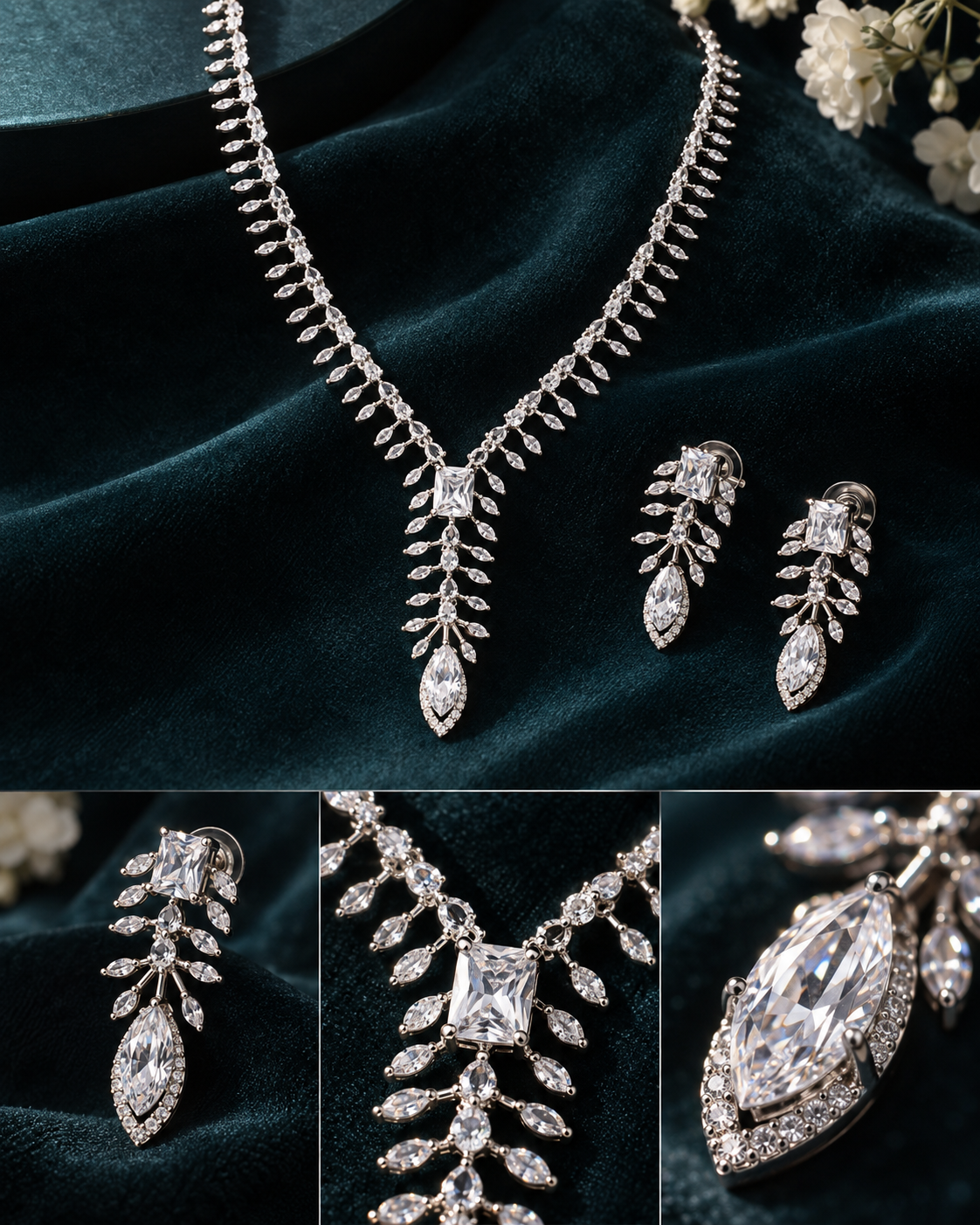 Clear Leaf Cascade Necklace Set
