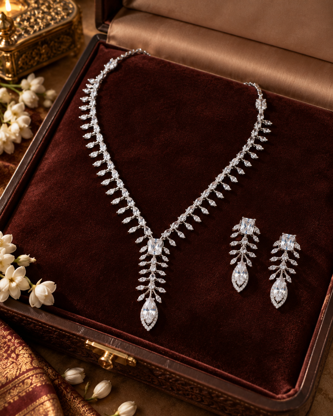 Clear Leaf Cascade Necklace Set