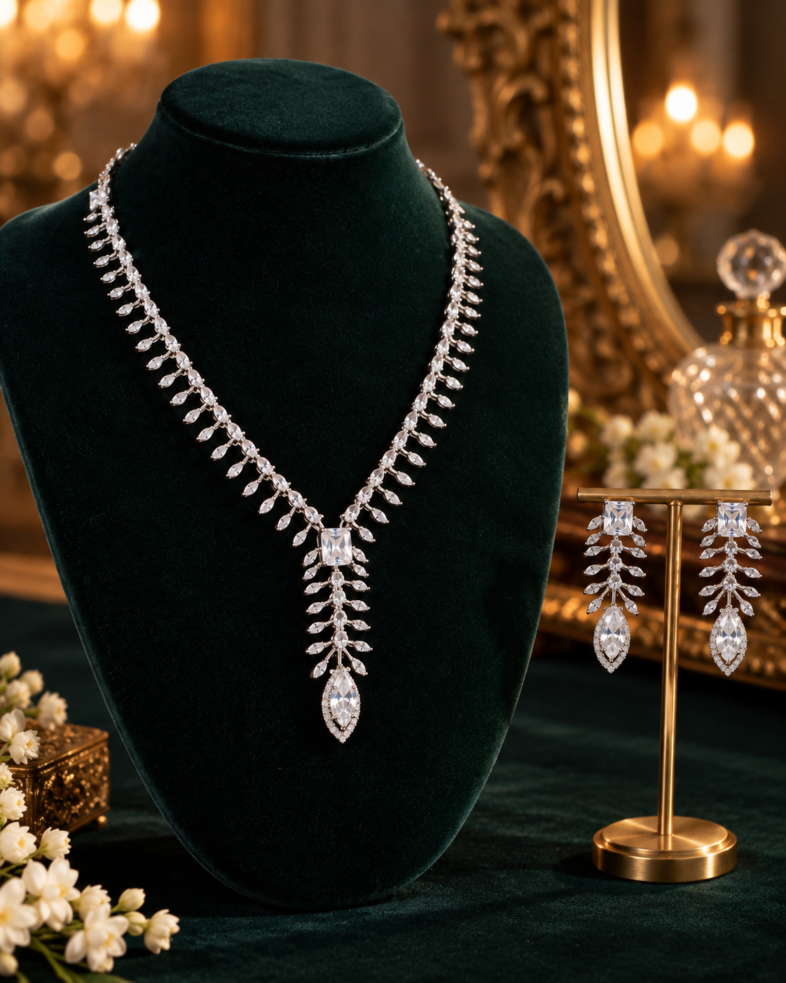 Clear Leaf Cascade Necklace Set