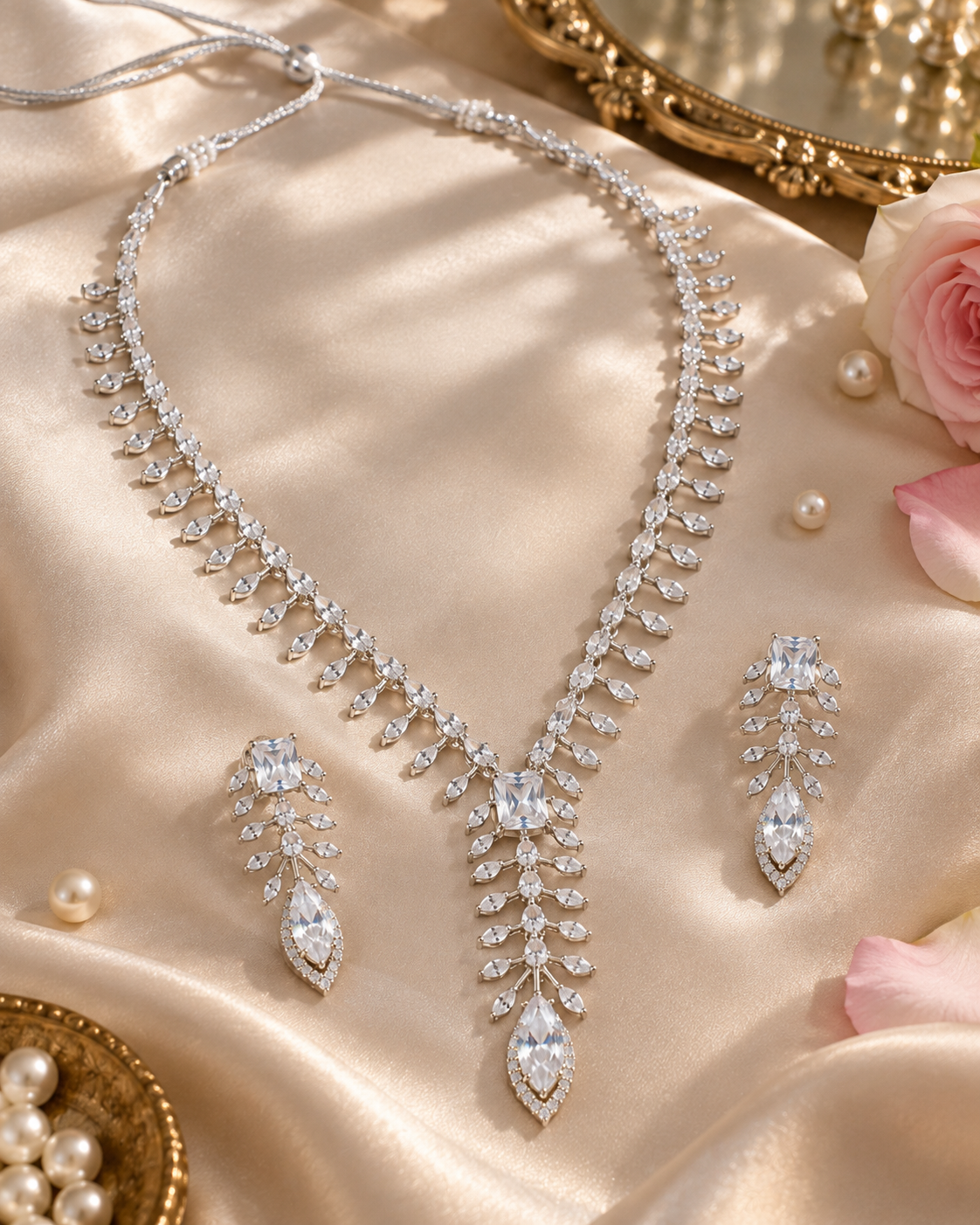 Clear Leaf Cascade Necklace Set