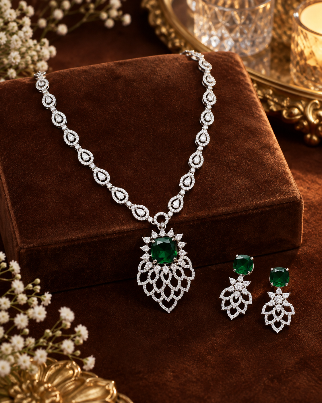 Emerald Lotus Halo Necklace Set