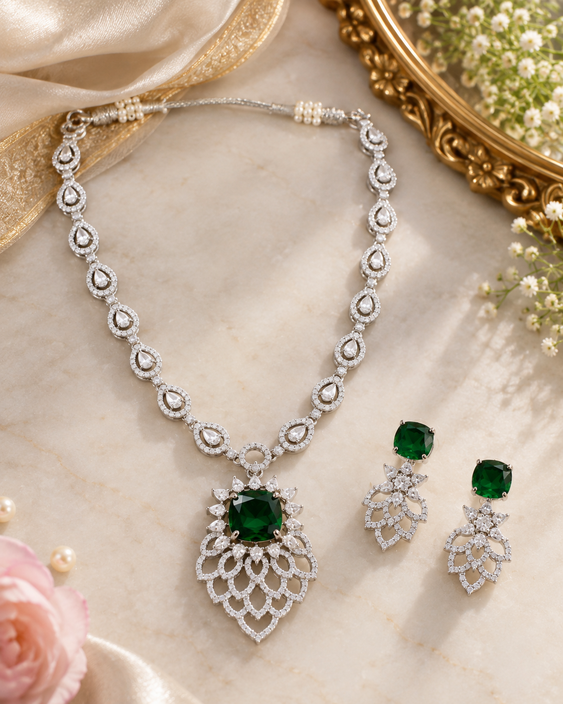 Emerald Lotus Halo Necklace Set