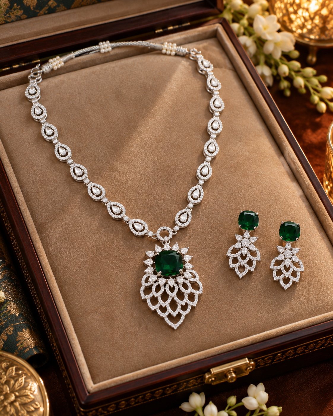Emerald Lotus Halo Necklace Set