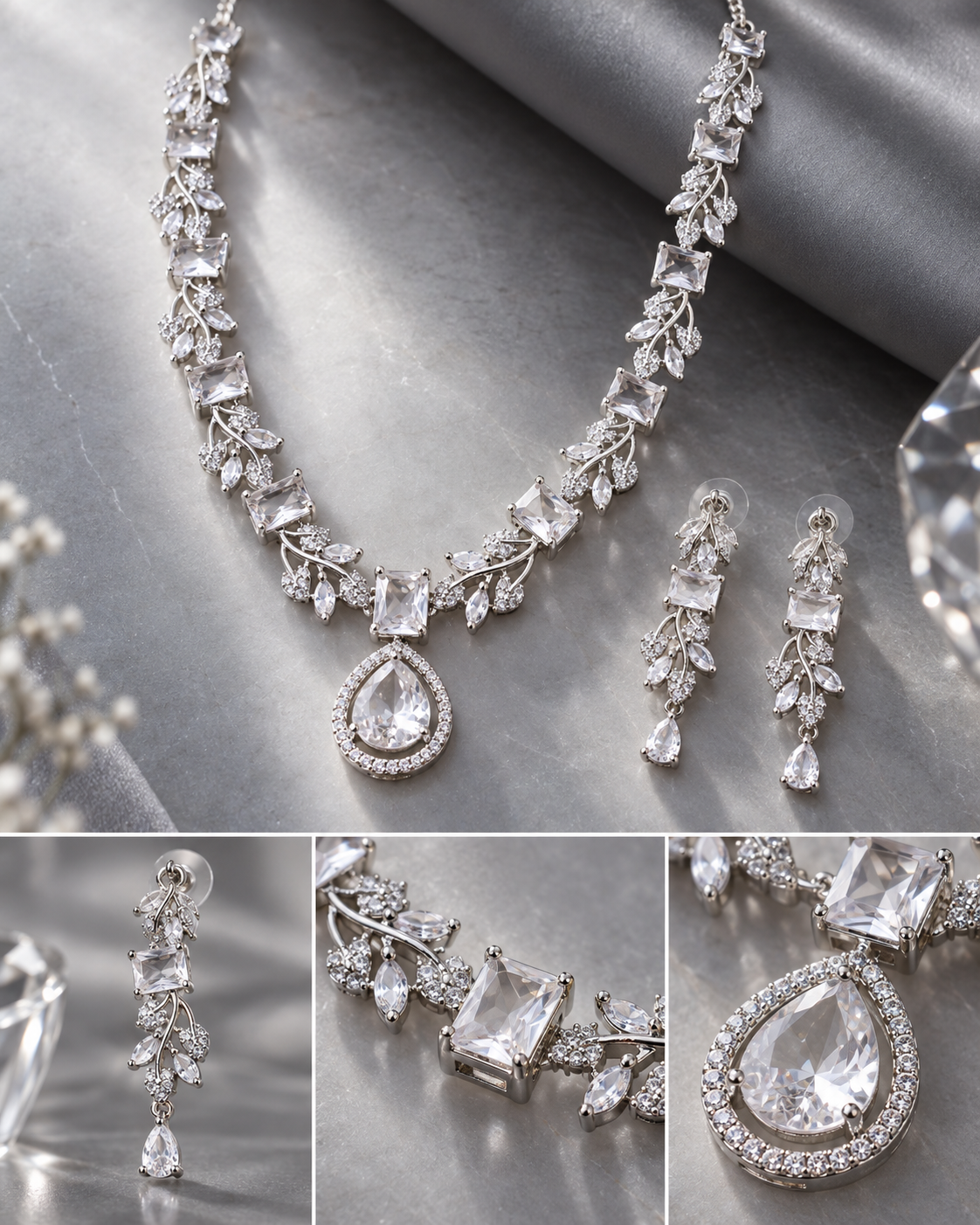 Clear Square Leaf Necklace Set