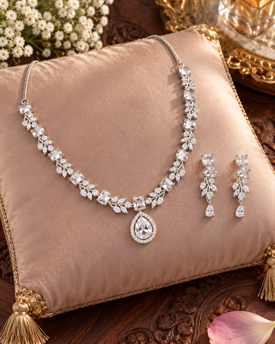 Clear Square Leaf Necklace Set