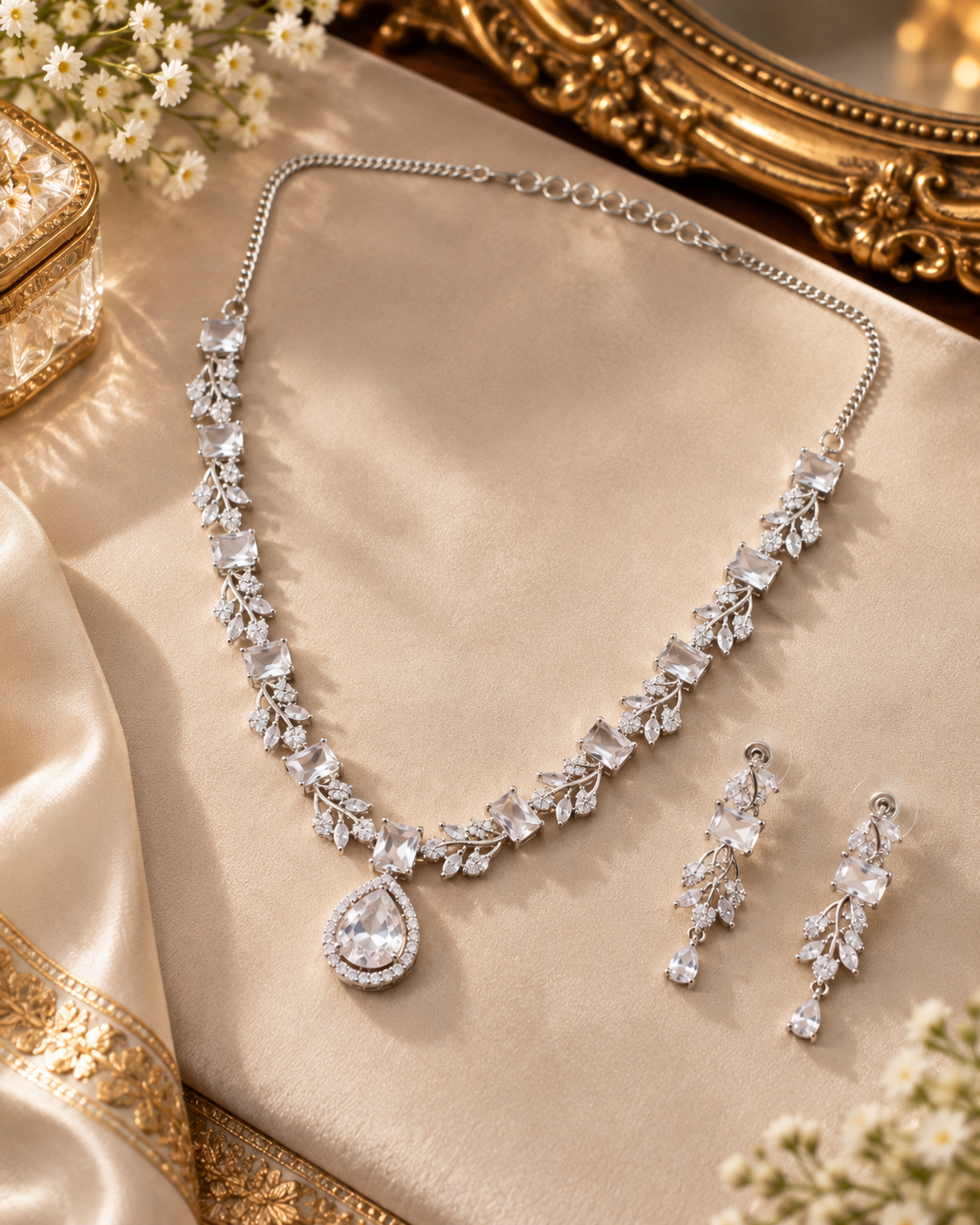 Clear Square Leaf Necklace Set