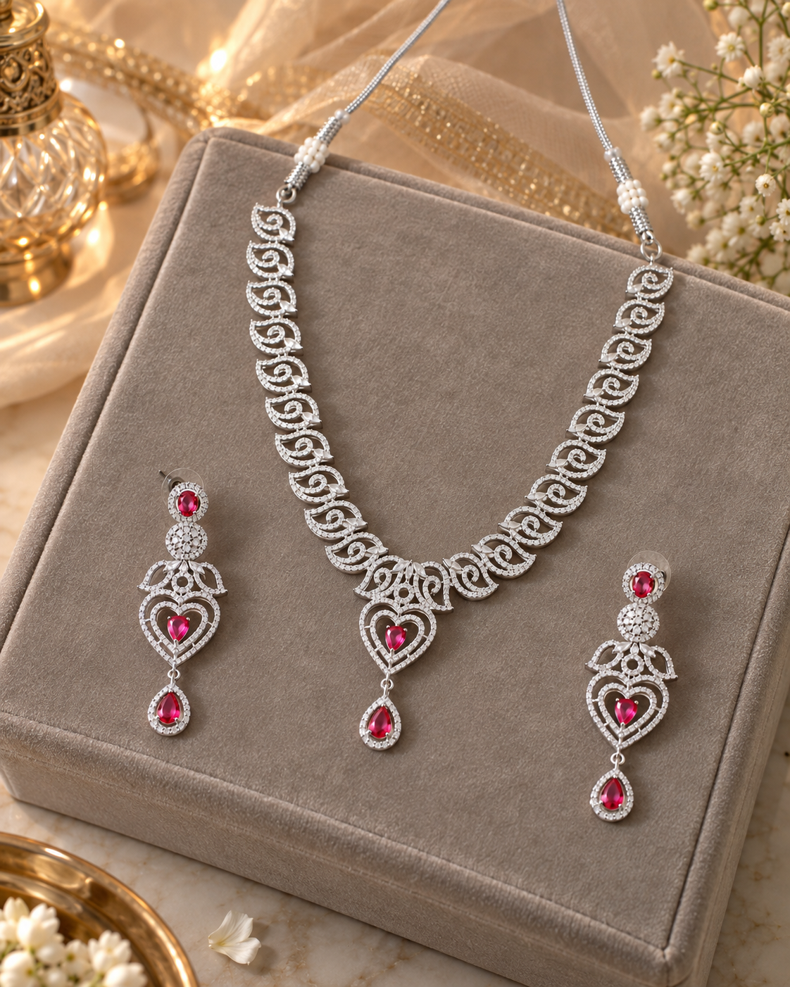Pink Heart Trio Necklace Set