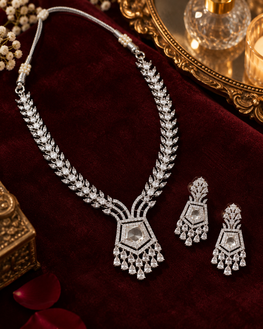 Kundan Pentagon Fringe Necklace Set