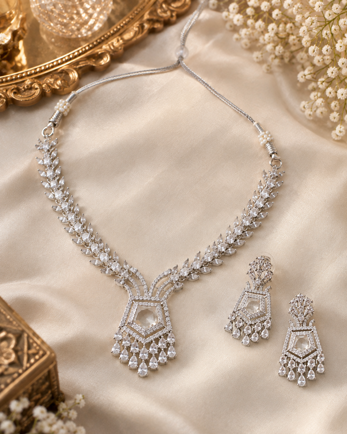 Kundan Pentagon Fringe Necklace Set