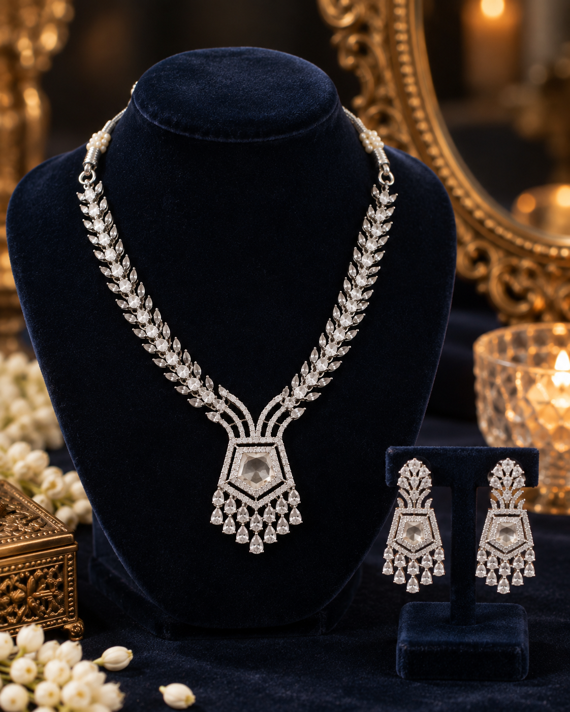 Kundan Pentagon Fringe Necklace Set