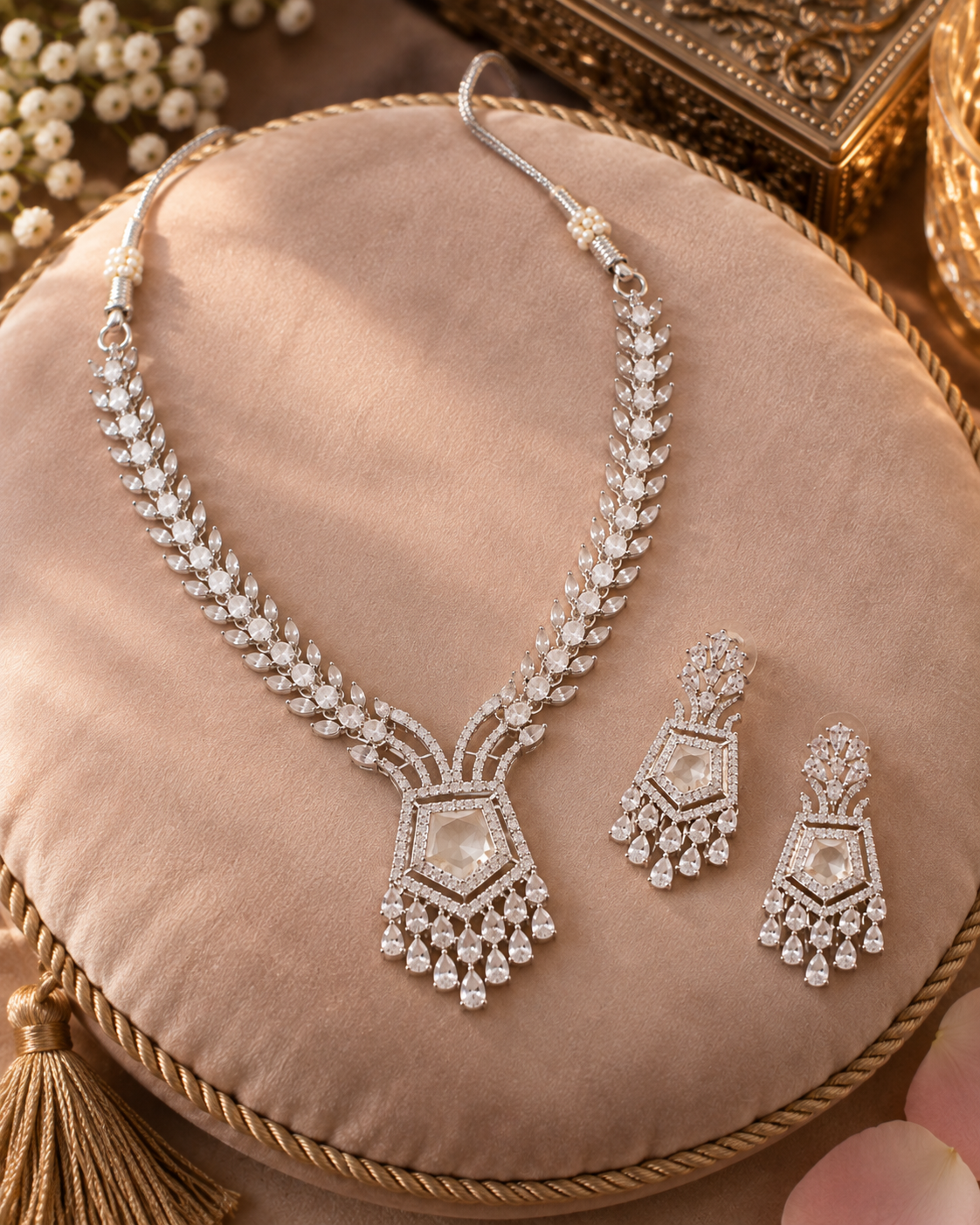 Kundan Pentagon Fringe Necklace Set