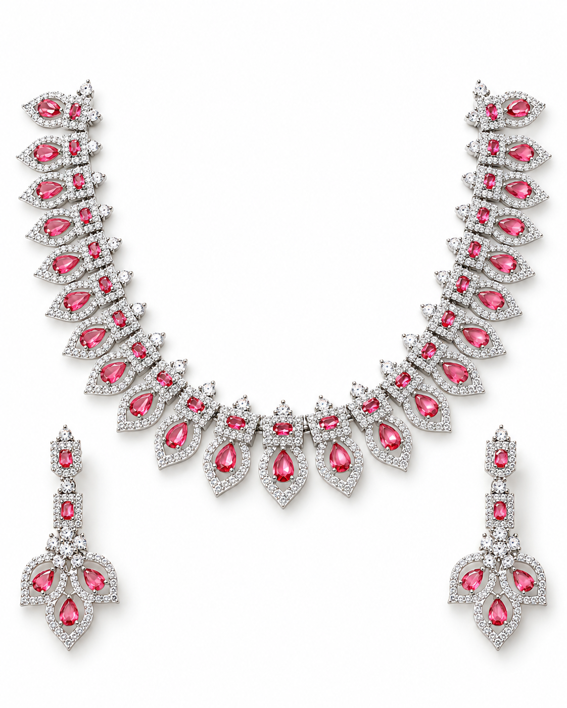 Pink Leaf Cluster Necklace Set with Maang Tikka