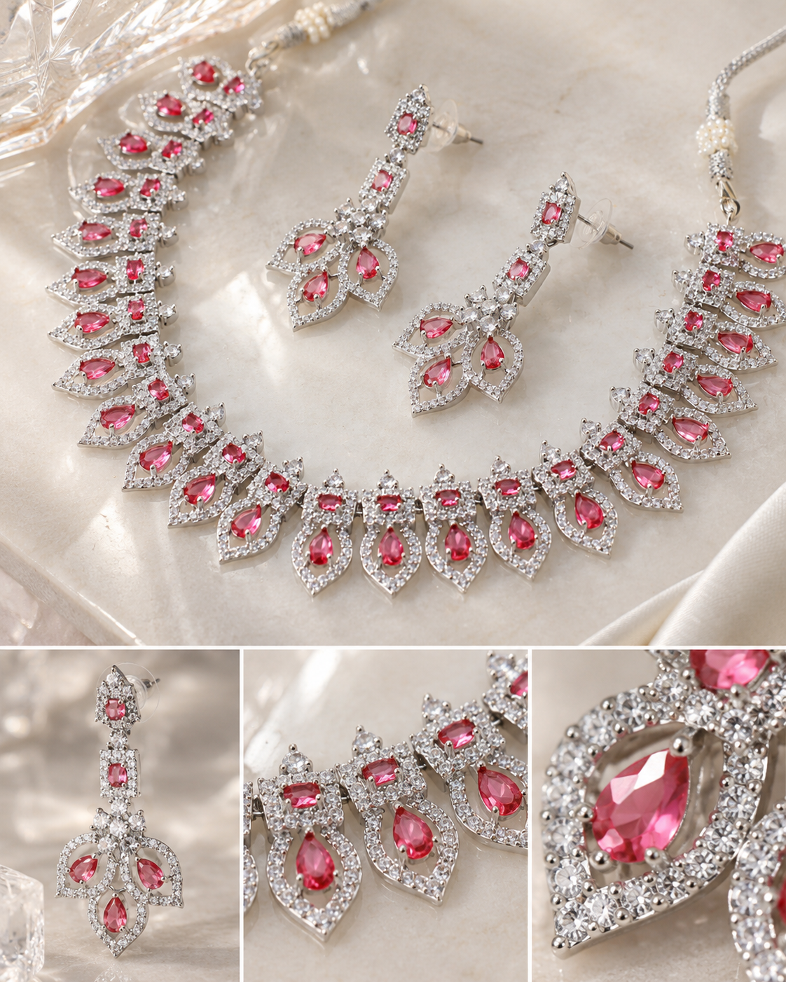 Pink Leaf Cluster Necklace Set with Maang Tikka