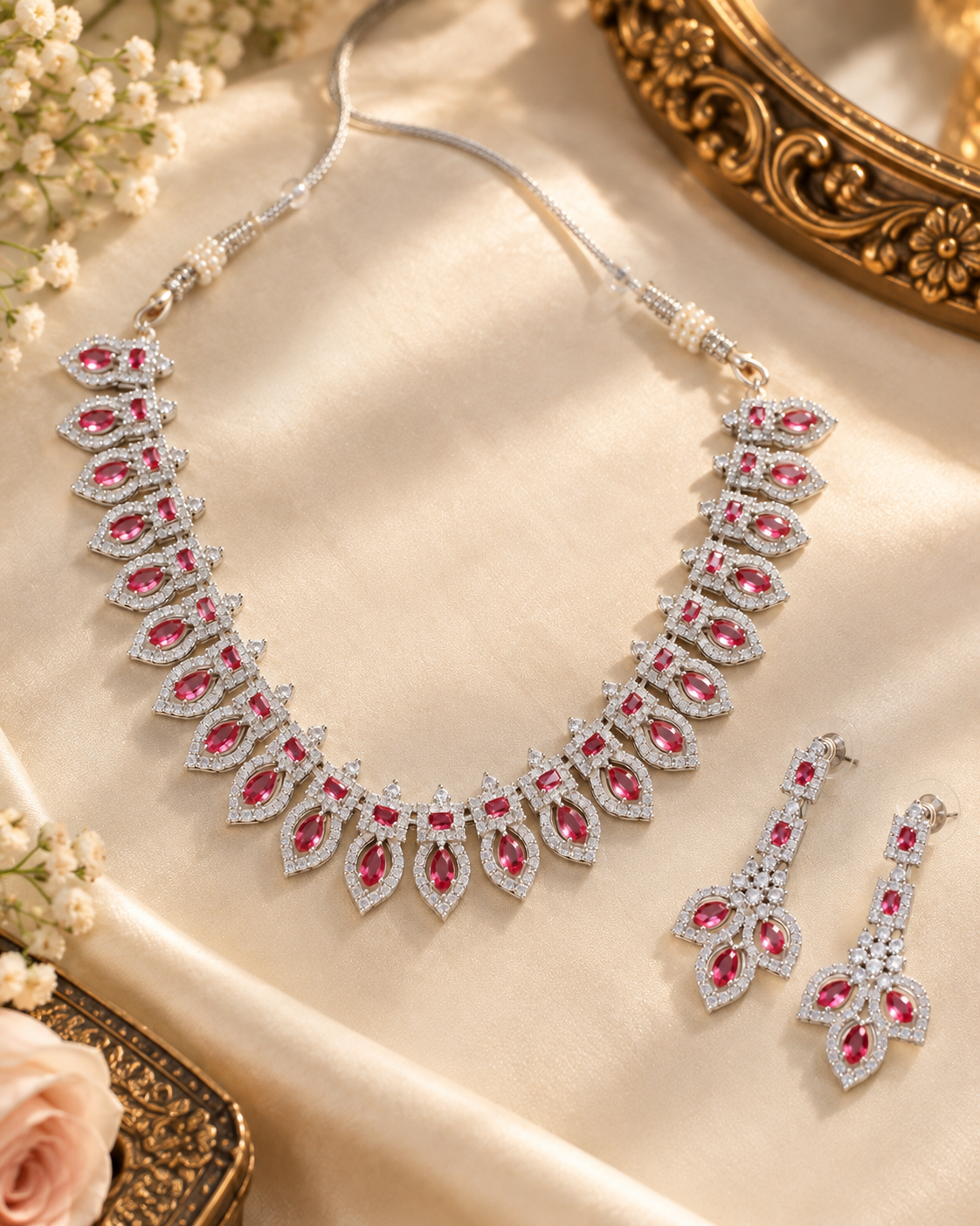 Pink Leaf Cluster Necklace Set with Maang Tikka
