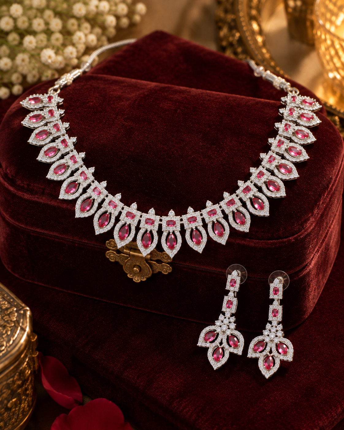 Pink Leaf Cluster Necklace Set with Maang Tikka