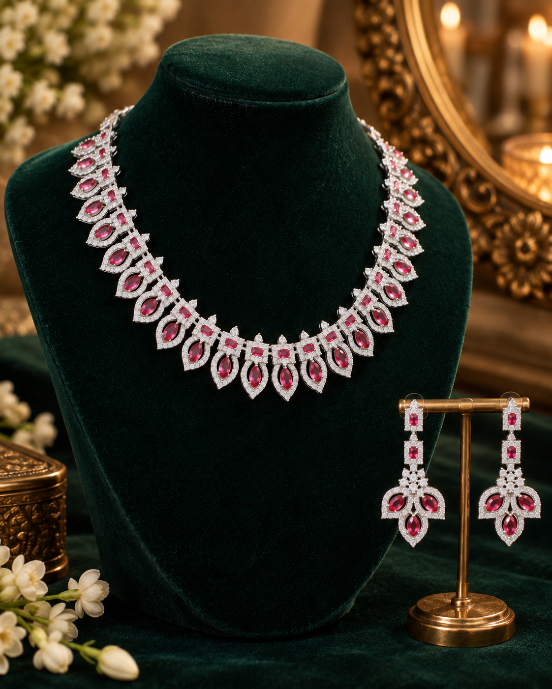 Pink Leaf Cluster Necklace Set with Maang Tikka