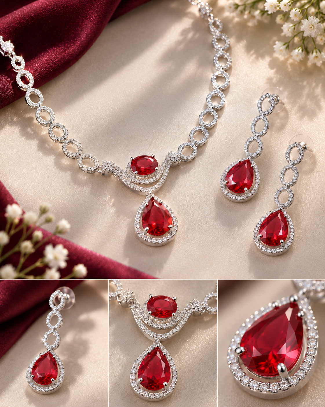 Pink Rectangle Halo Necklace Set