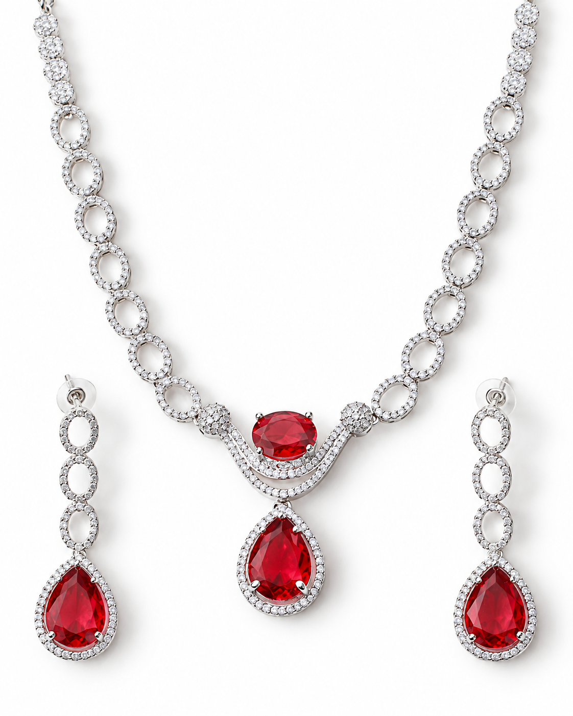 Pink Rectangle Halo Necklace Set