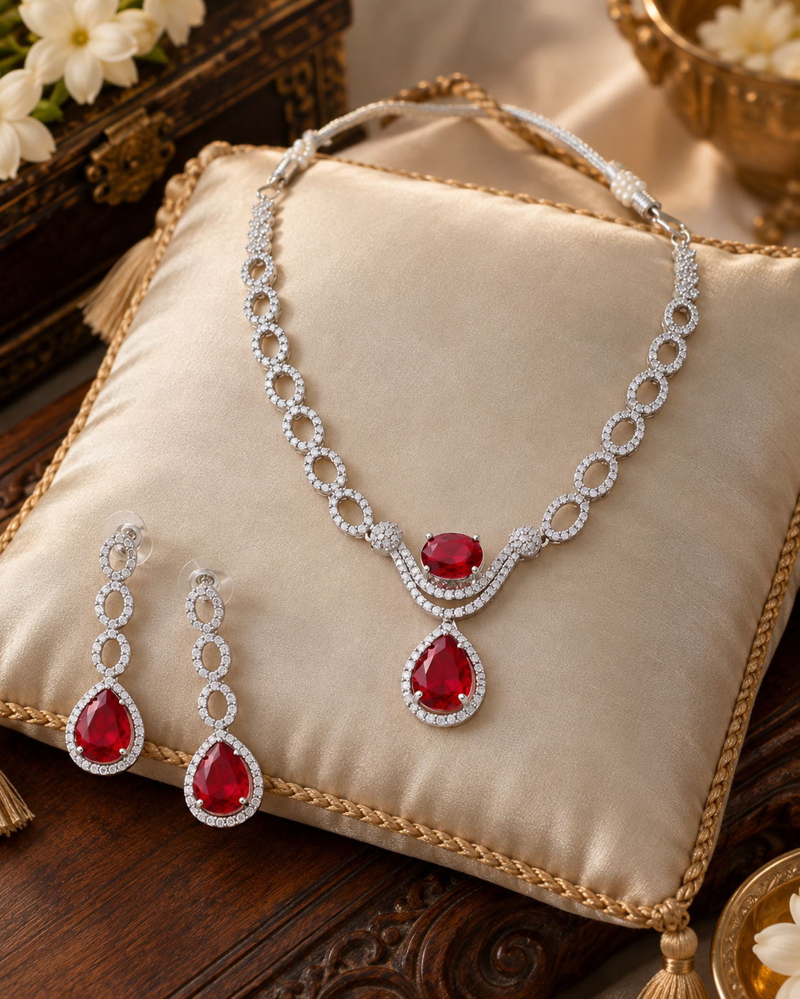 Pink Rectangle Halo Necklace Set