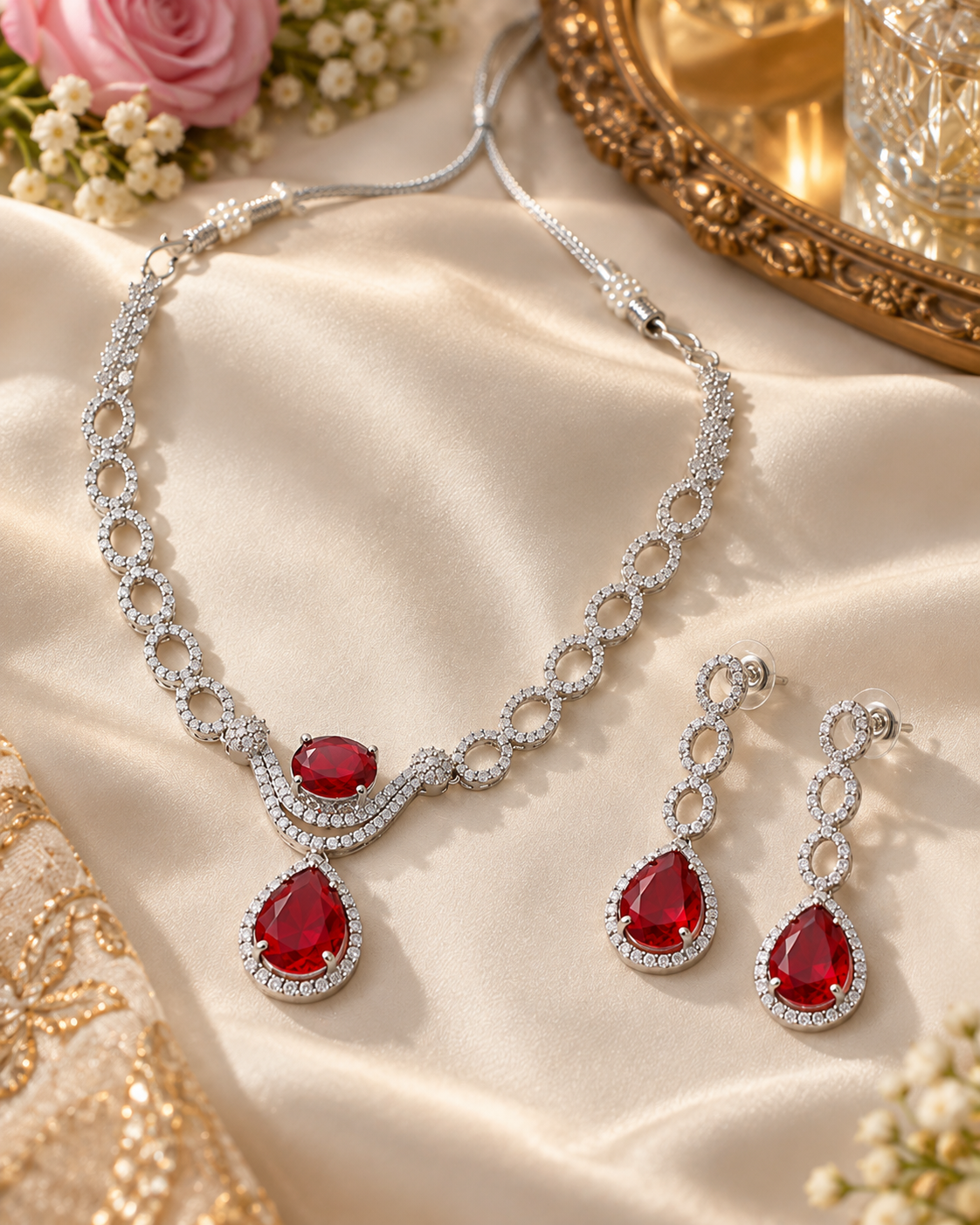 Pink Rectangle Halo Necklace Set