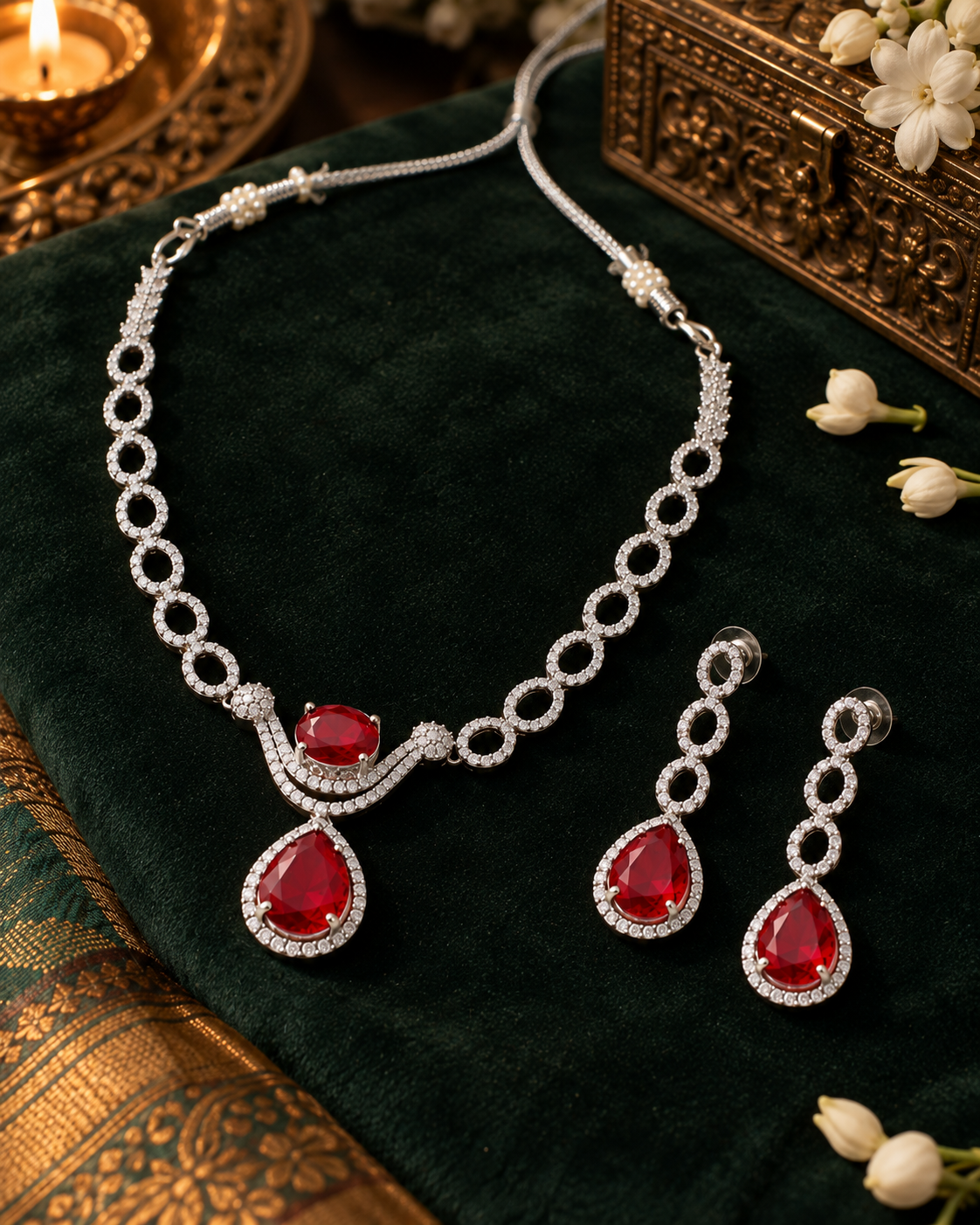 Pink Rectangle Halo Necklace Set